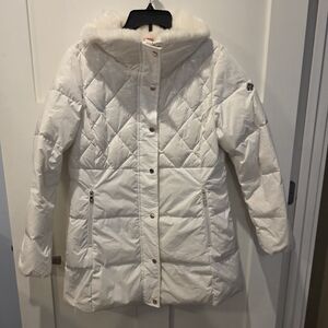 Kate Spade Women's Down & Feather Puffer Quilted Fur Collar Coat White Medium